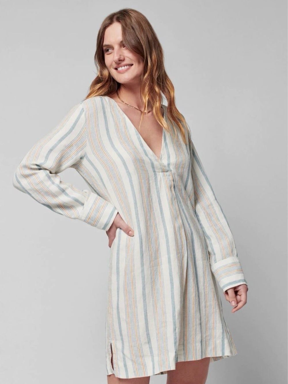 Faherty Striped V-Neck Linen Dress in White, Light Blue, Tan